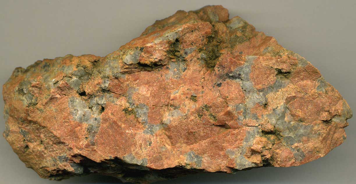 Photograph of a sample of Mesoproterozoic-aged Pikes Peak Granite from Colorado, which exhibits large crystal grains.