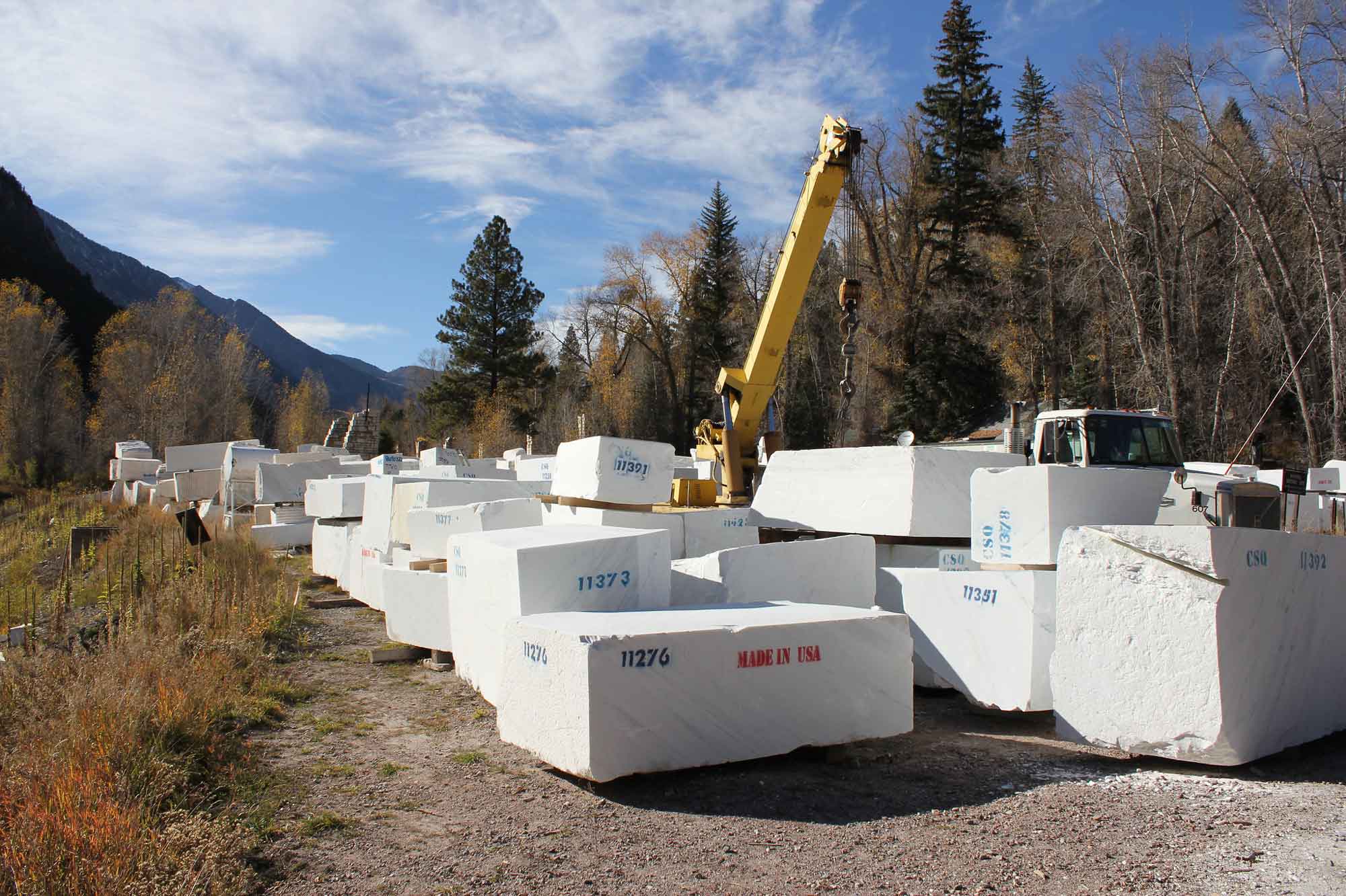 Photograph of large blocks of quarried Yule Marble.