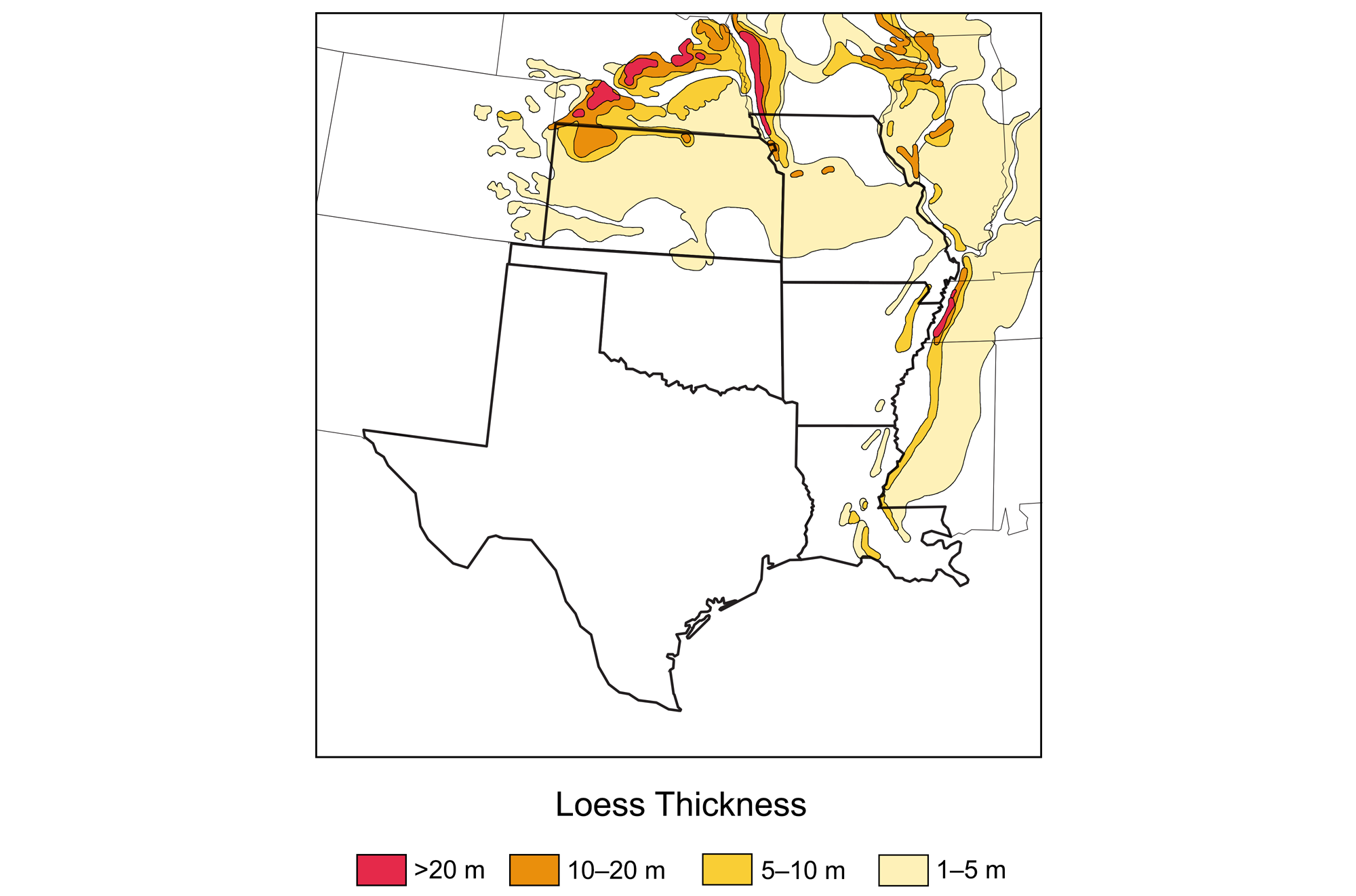 Map showing the south-central U.S. with state borders outlined. Loess deposits are shaded on the map, with the thickest (over 20 meters) shaded red and the thinnest (1 to 5 meters) shaded light yellow. Much of Kansas and Missouri has loess deposits.
