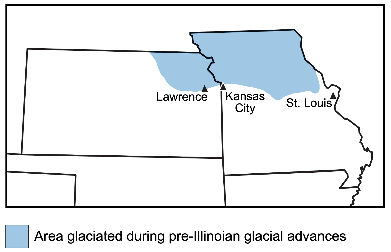 Map showing borders of Kansas and Missouri with major cities labeled. Formerly glaciated areas of northeastern Kansas and norther Missouri are shaded in light blue.
