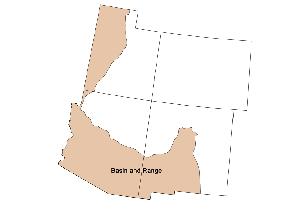 Simple map showing the area of the Basin and Range province of the southwestern United States.