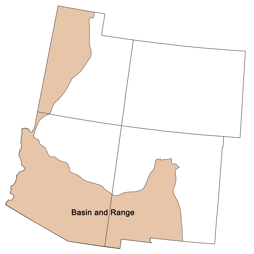 Simple map showing the area of the Basin and Range province of the southwestern United States.