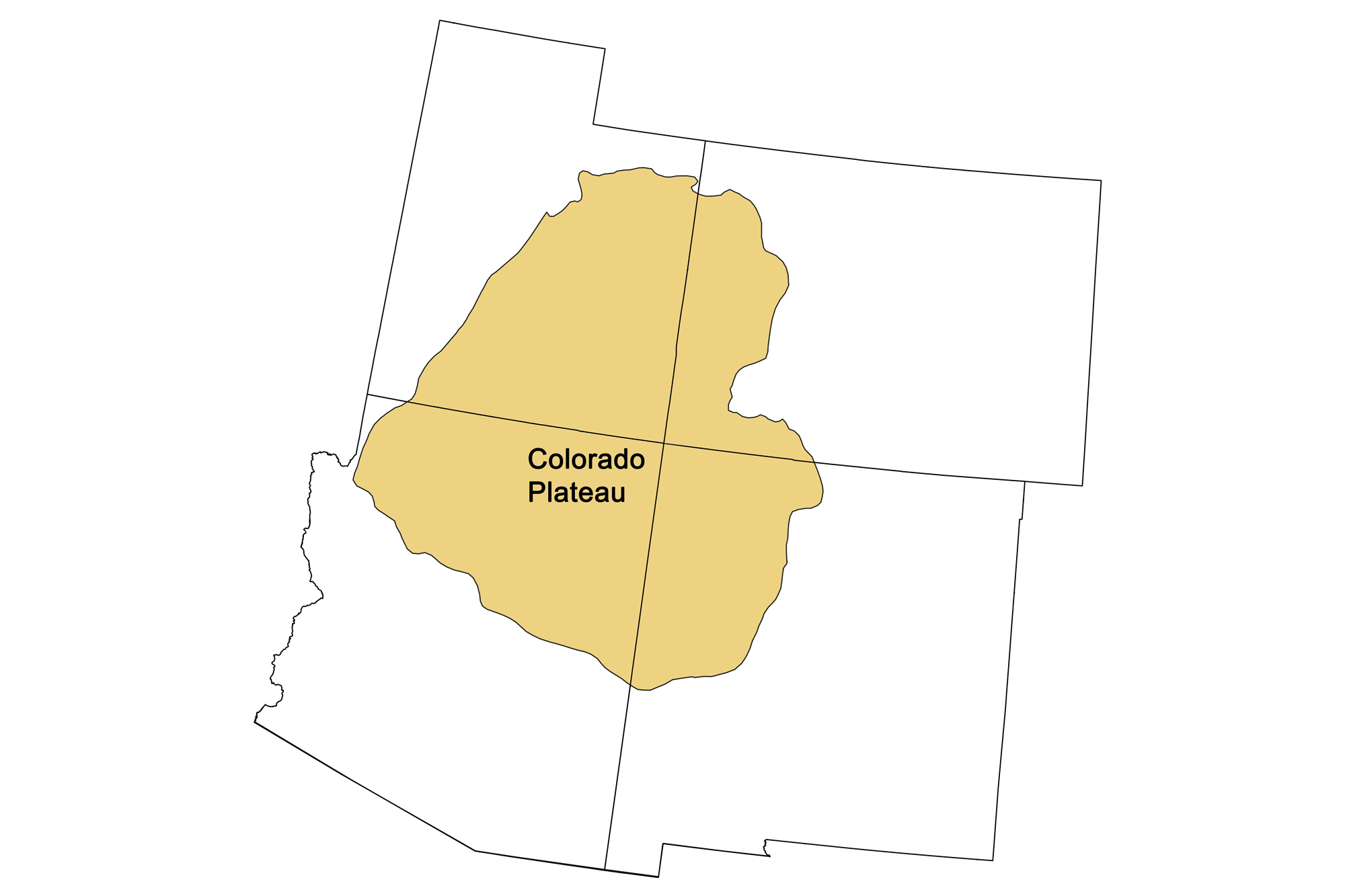 Simple map showing the area of the Colorado Plateau province of the southwestern United States.