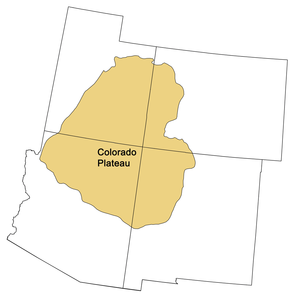 Simple map showing the area of the Colorado Plateau province of the southwestern United States.