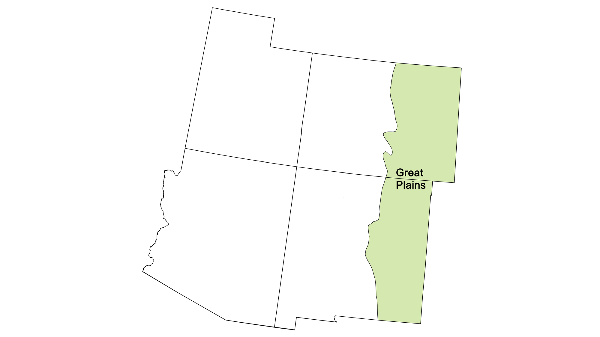 Simple map showing the area of the Great Plains province of the southwestern United States.