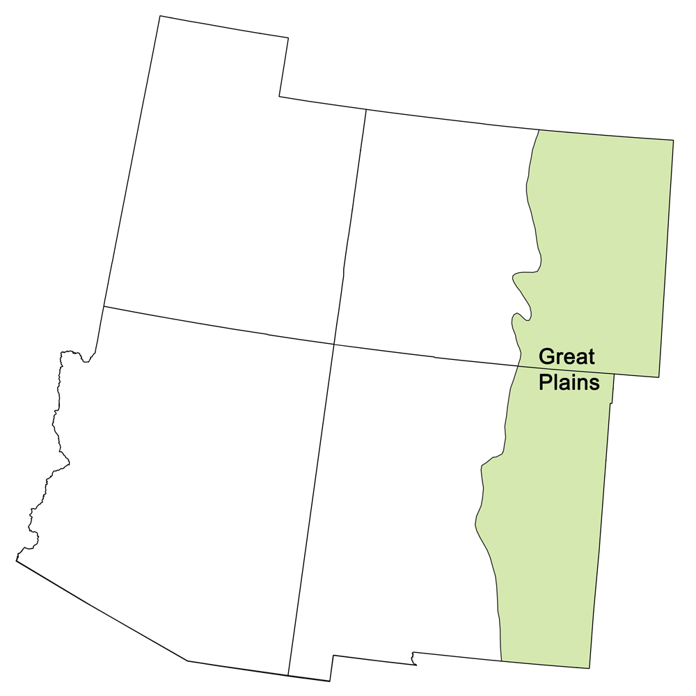 Simple map showing the area of the Great Plains province of the southwestern United States.