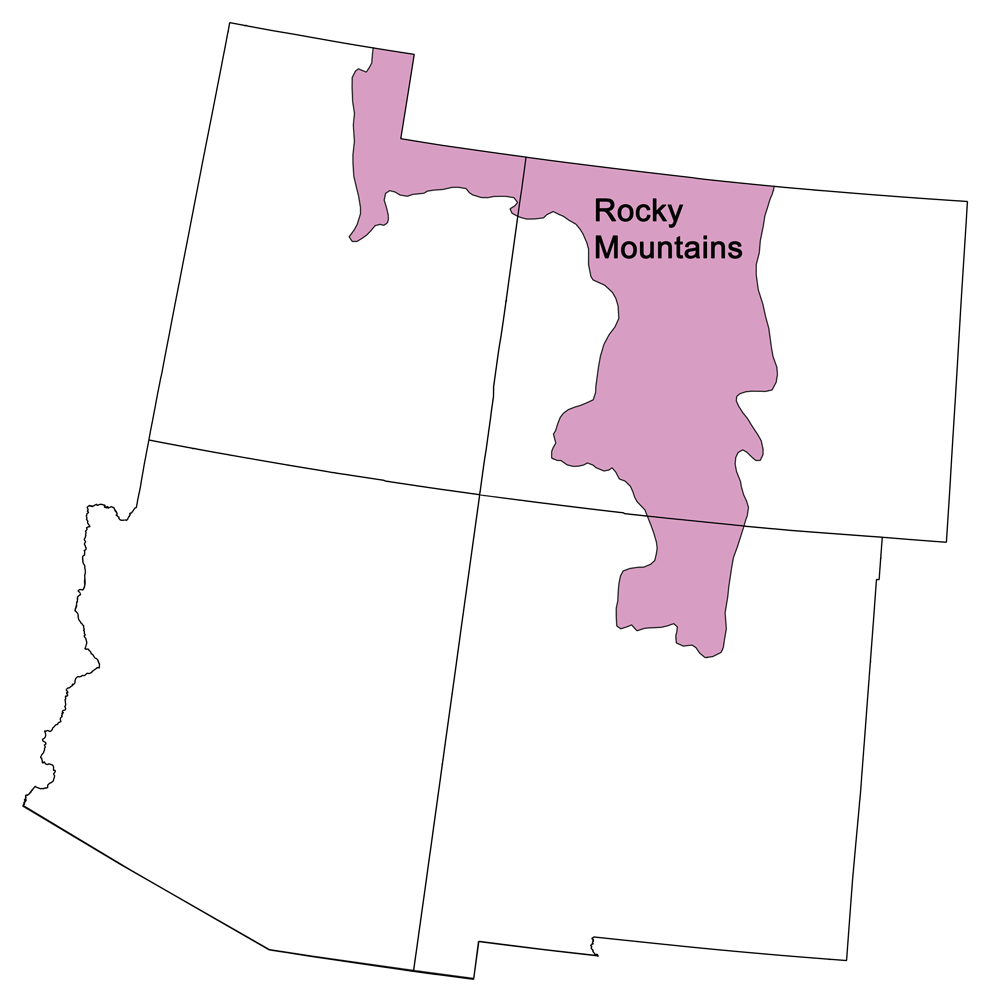 Simple map showing the area of the Rocky Mountains province of the southwestern United States.