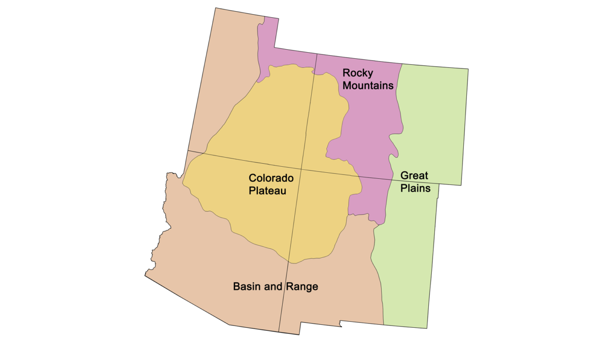 Simple map showing the four main physiographic regions of the southwestern United States.
