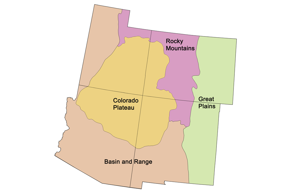 Simple map showing the four main physiographic regions of the southwestern United States.