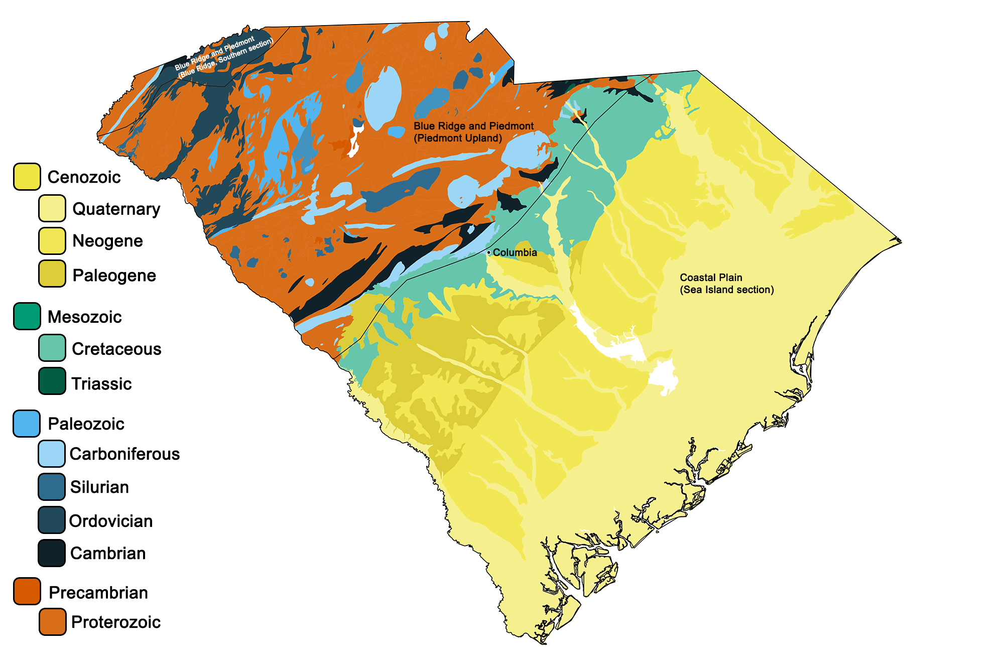 Geologic map of South Carolina, with physiographic regions identified.