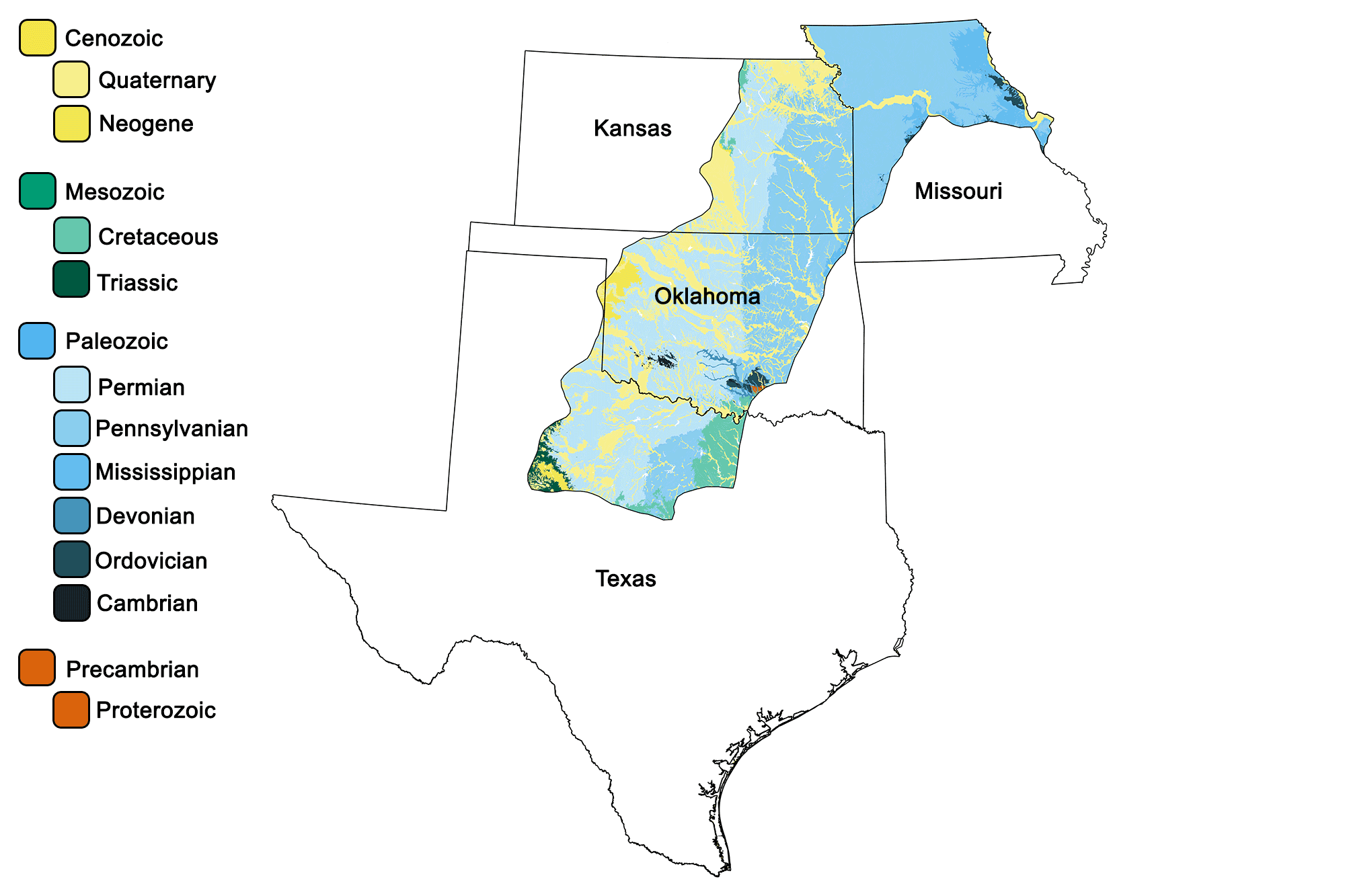 Geologic map of the Central Lowland region of the South-Central United States.
