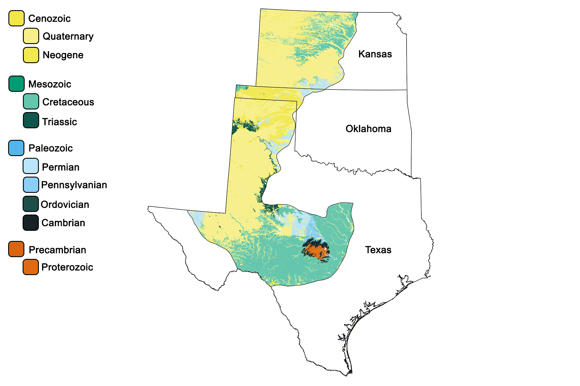 Geologic map of the Great Plains region of the South-Central United States.