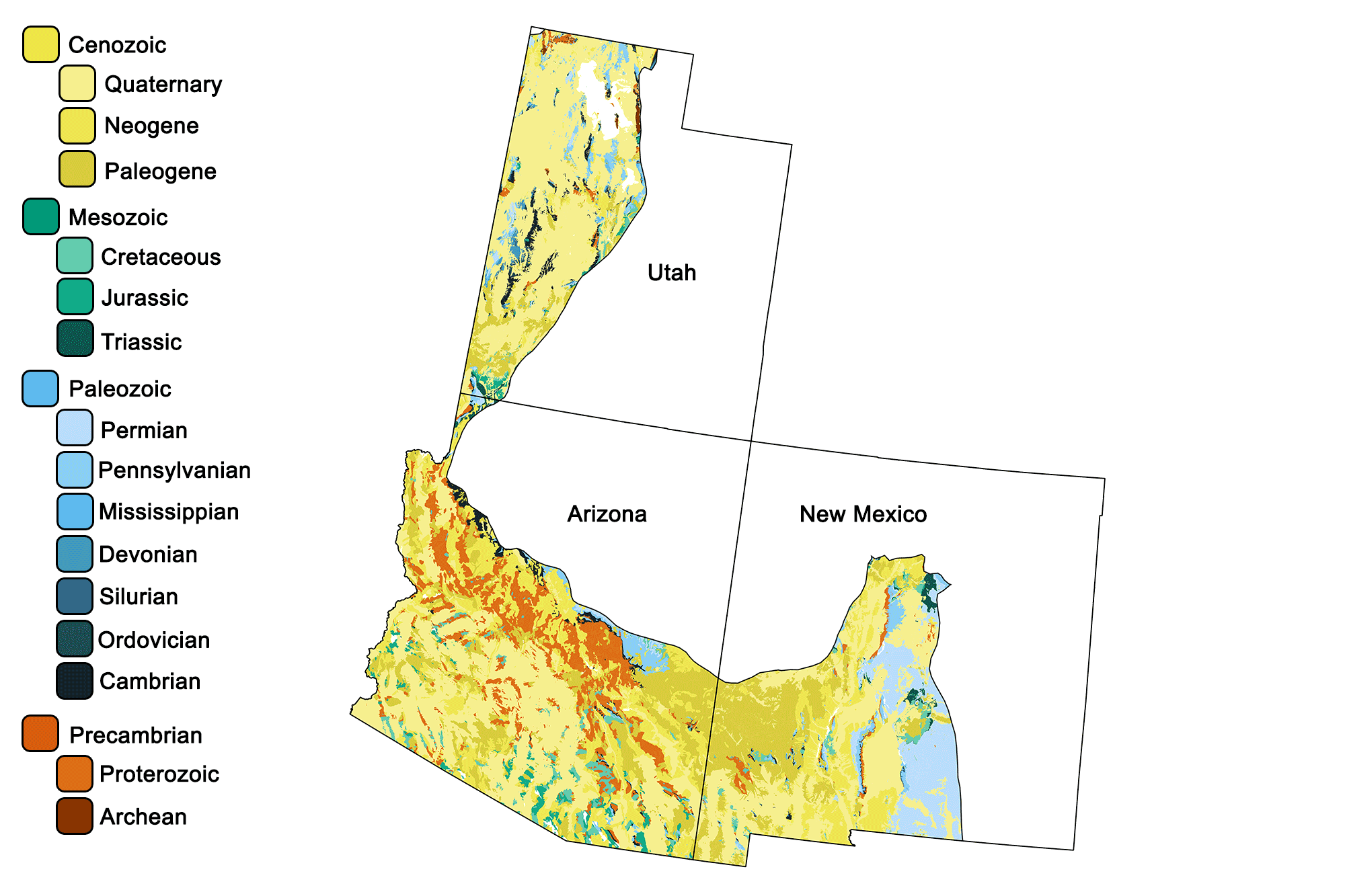 Geologic map of the Basin and Range region of the southwestern United States.