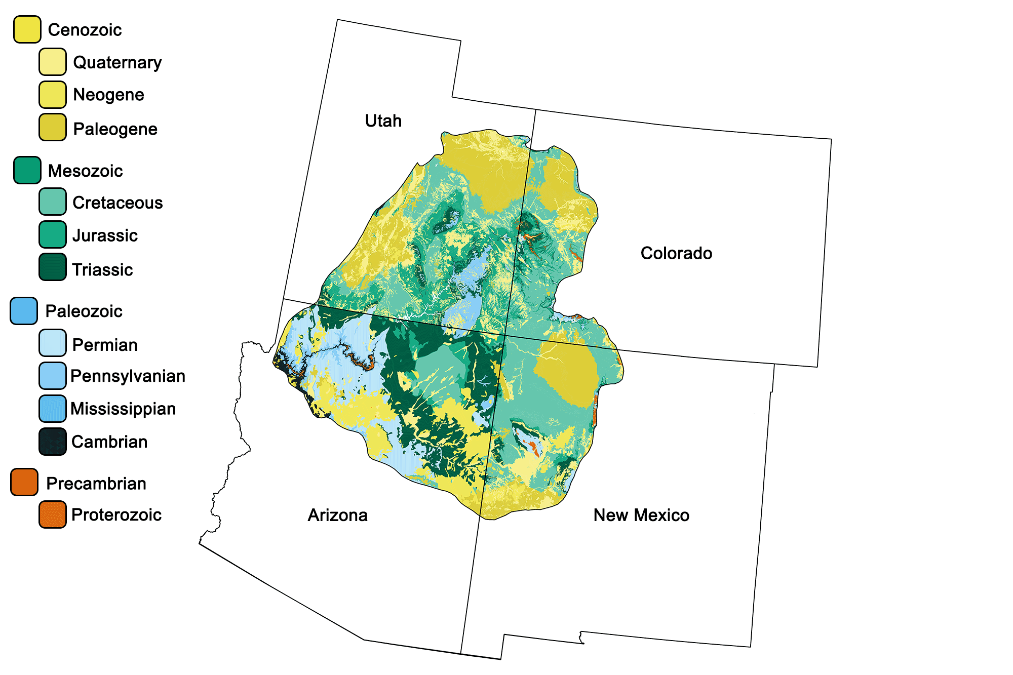 Geologic map of the Colorado Plateau region of the southwestern United States.