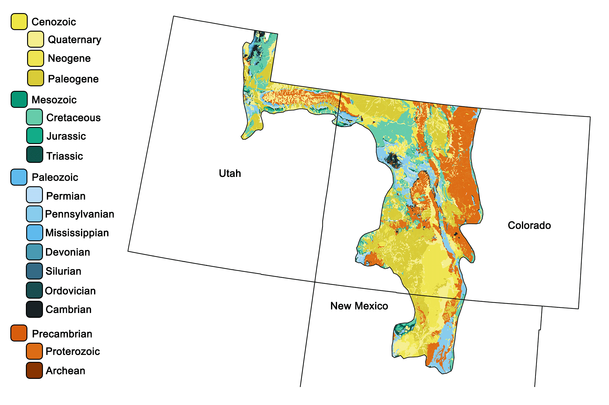 Geologic map of the Rocky Mountains region of the southwestern United States.