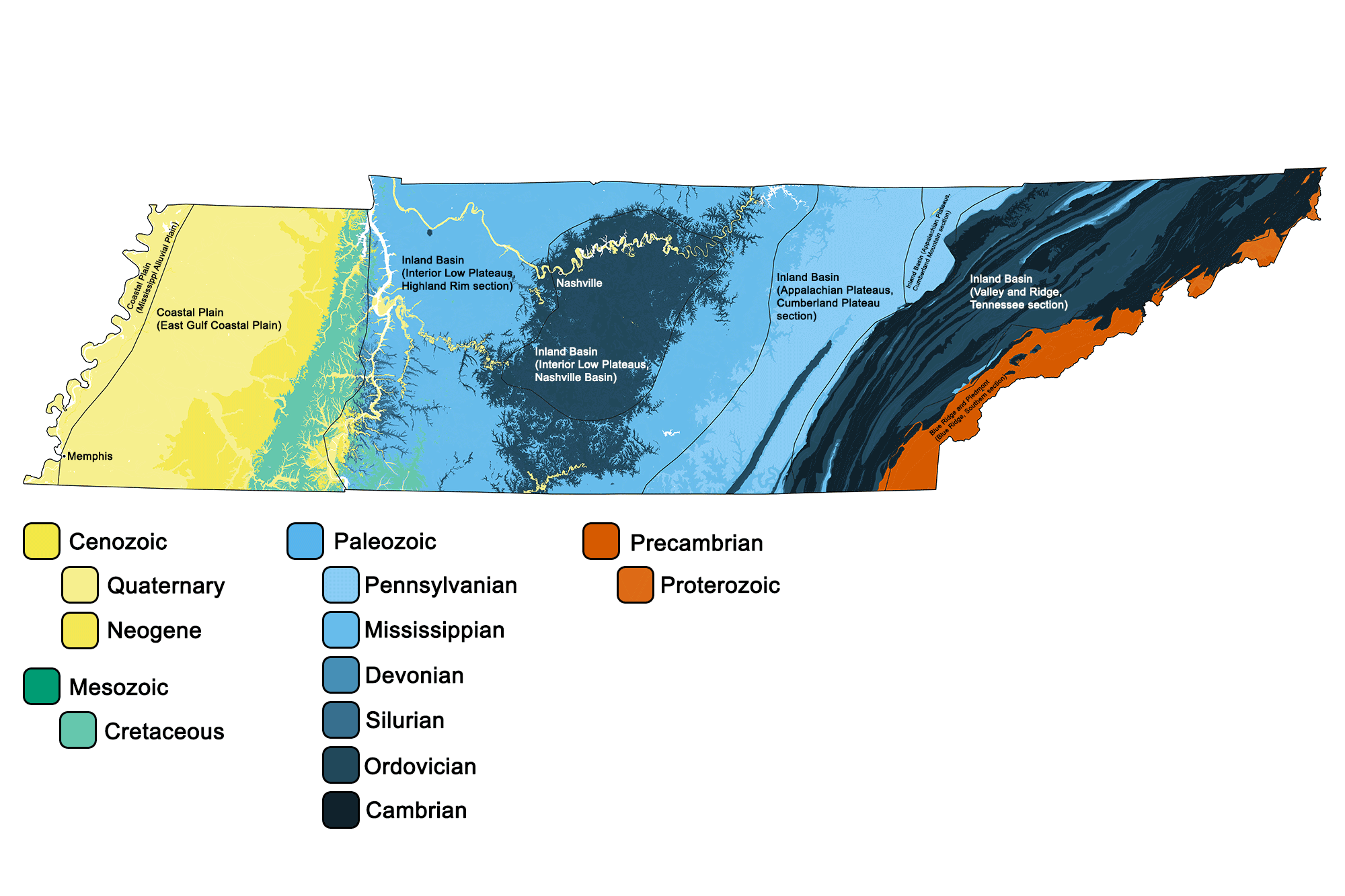 Geologic map of Tennessee, with physiographic regions identified.