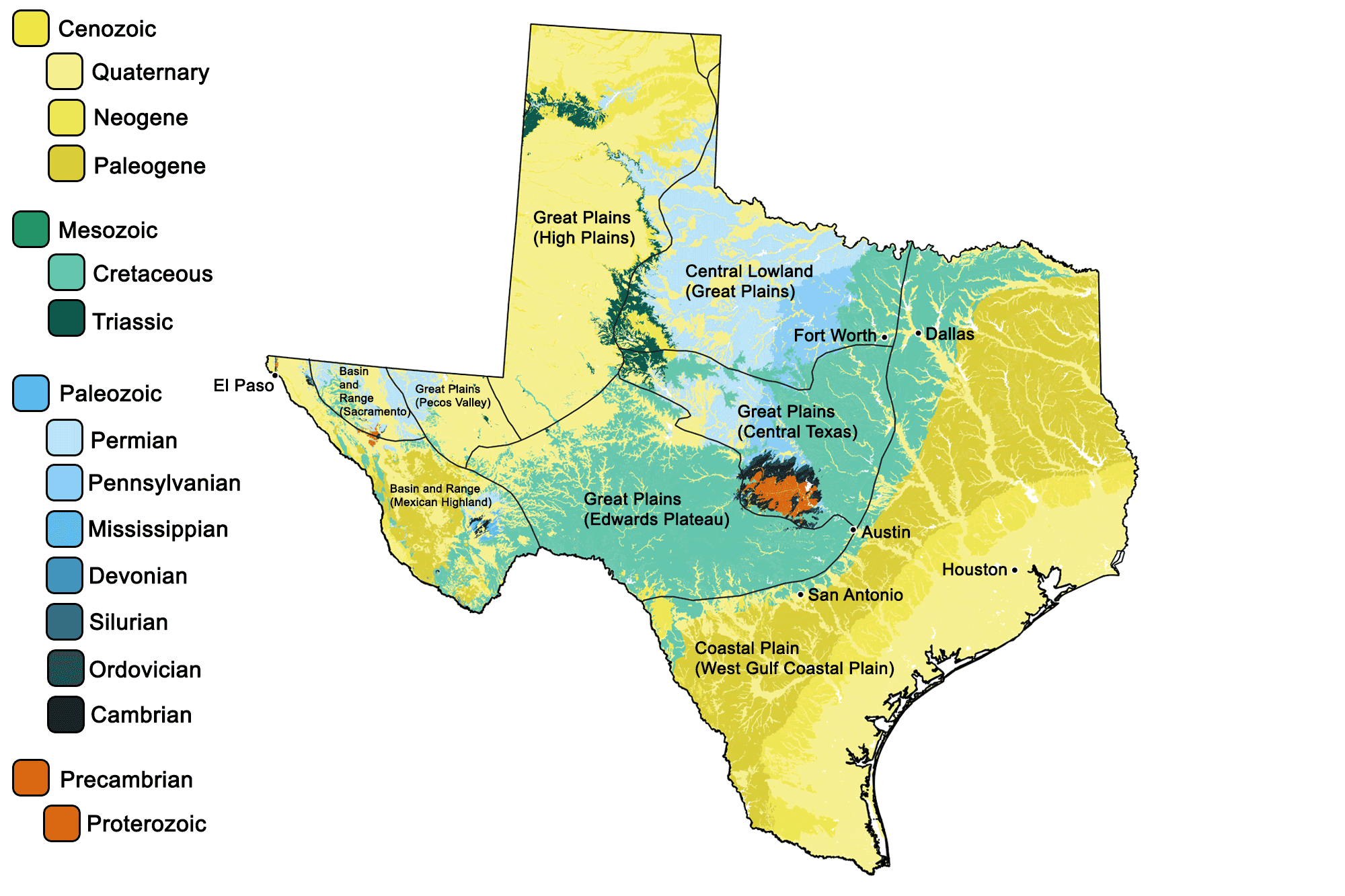 Geologic map of Texas with physiographic regions identified.