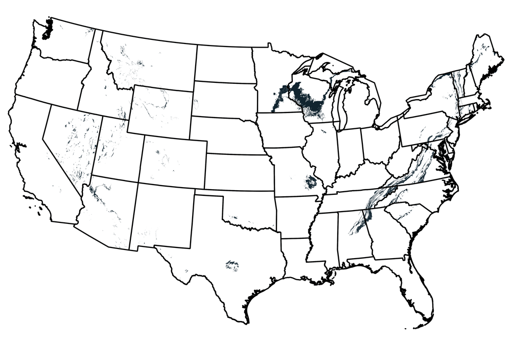 Map of the United States showing the locations of Cambrian-aged rocks.