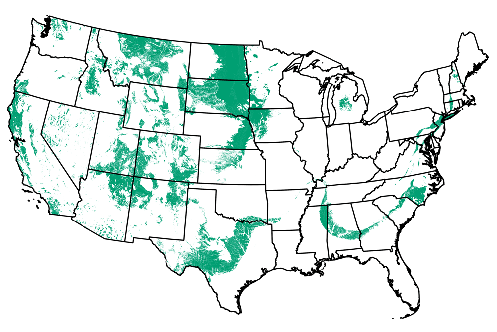 Map of the United States showing the locations of Mesozoic-aged rocks.