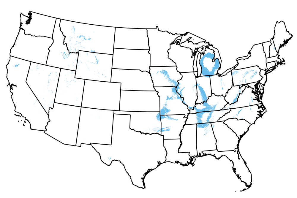 Map of the United States showing the locations of Mississippian-aged rocks.
