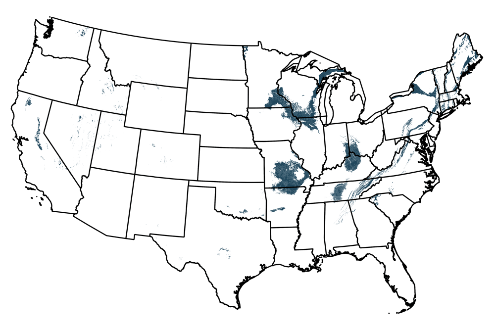 Map of the United States showing the locations of Ordovician-aged rocks.