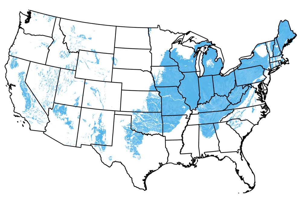 Map of the United States showing the locations of Paleozoic-aged rocks.