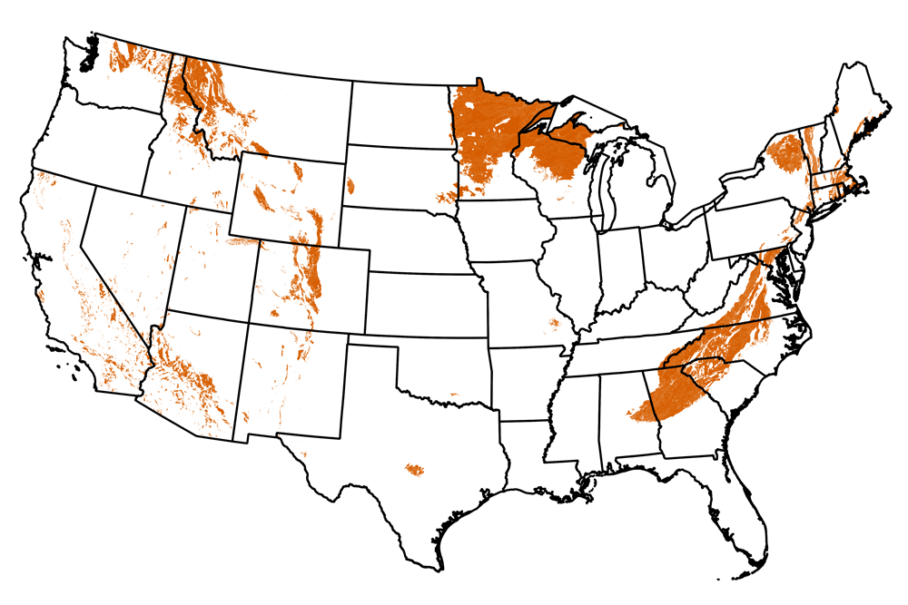 Map of the United States showing the locations of Precambrian-aged rocks.