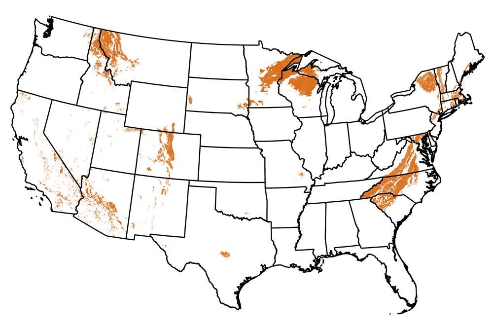Map of the United States showing the locations of Proterozoic-aged rocks.