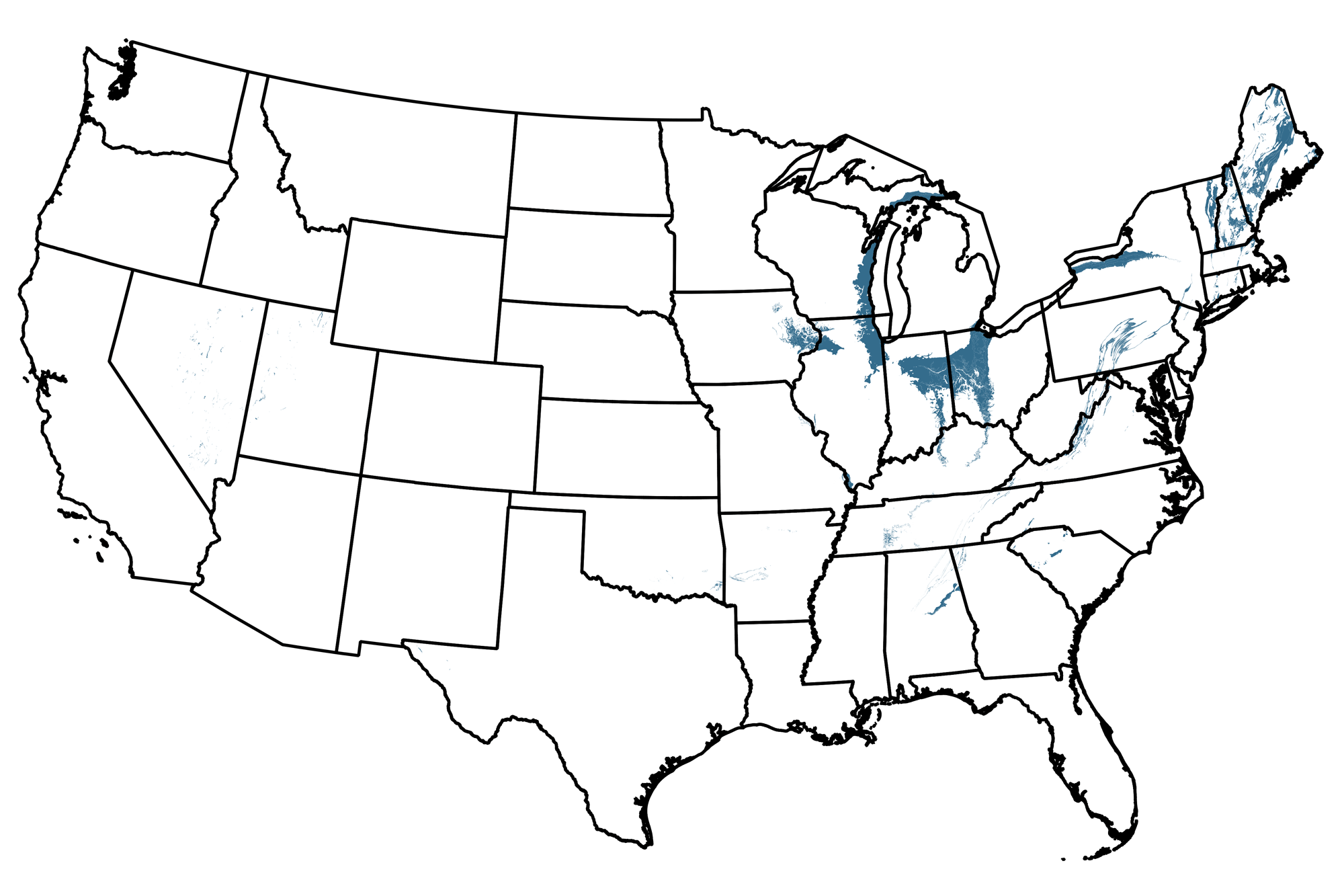 Map of the United States showing the locations of Silurian-aged rocks.