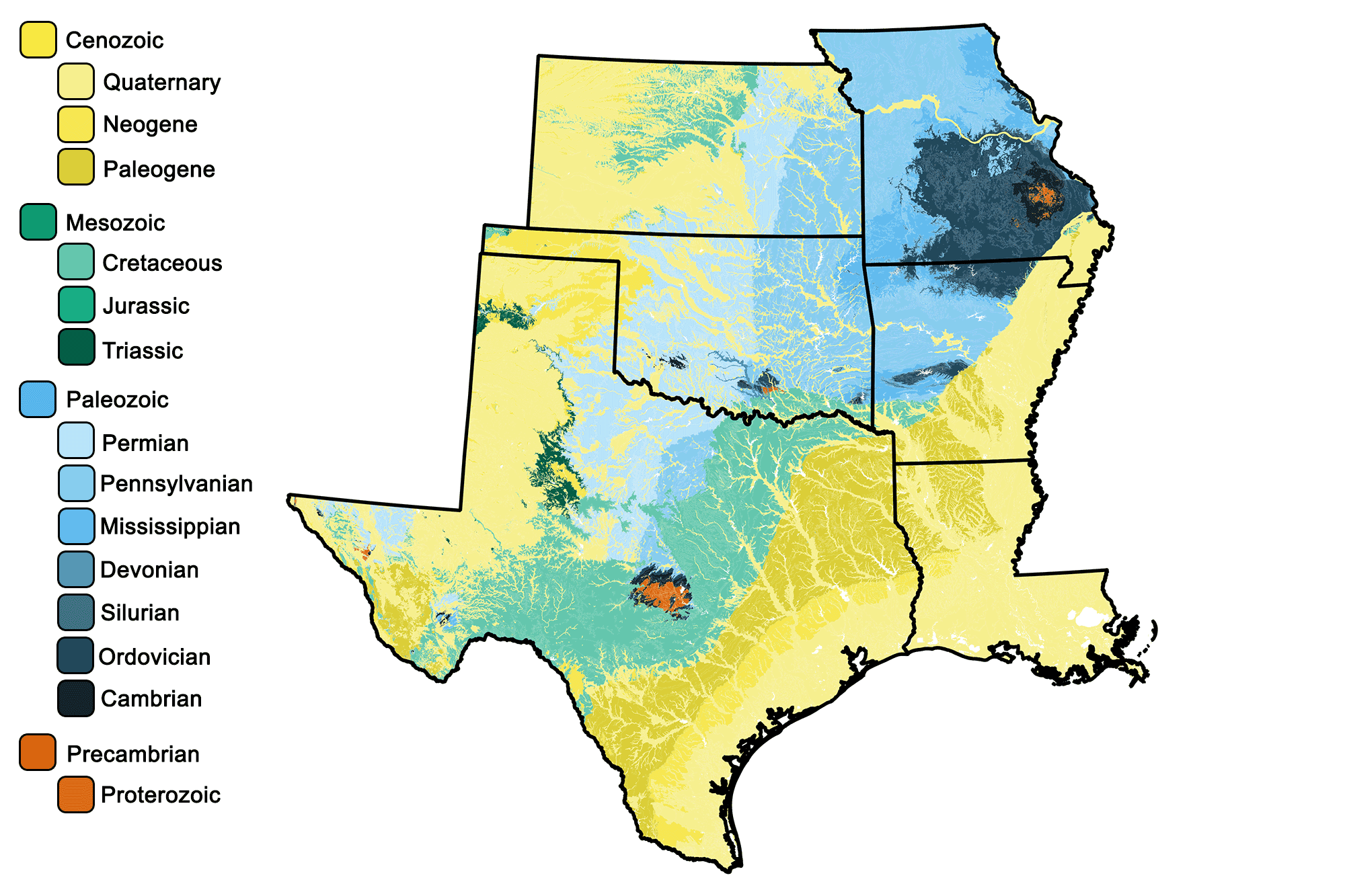 Geologic map of the South-Central United States.