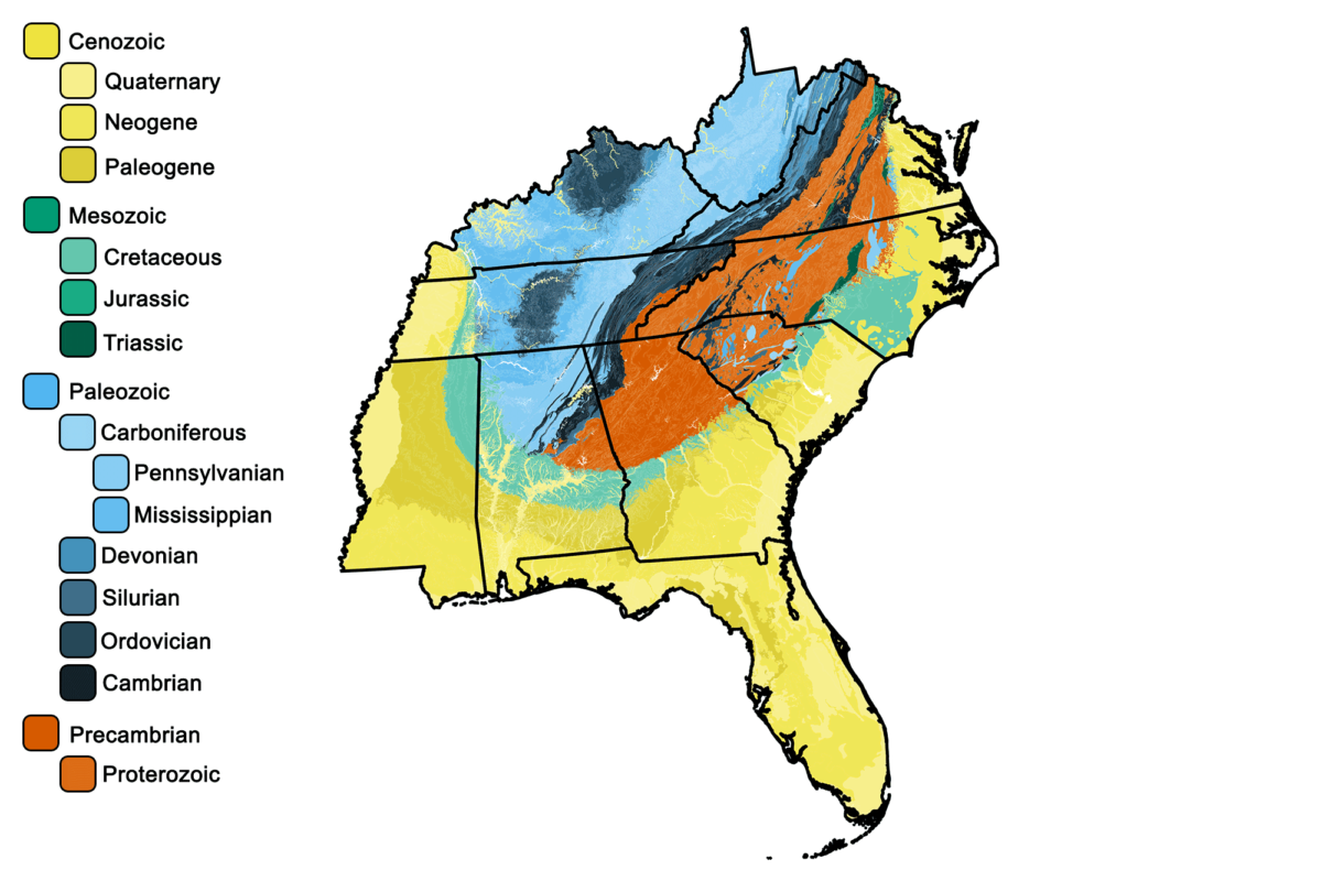 Geologic map of the southeastern United States.