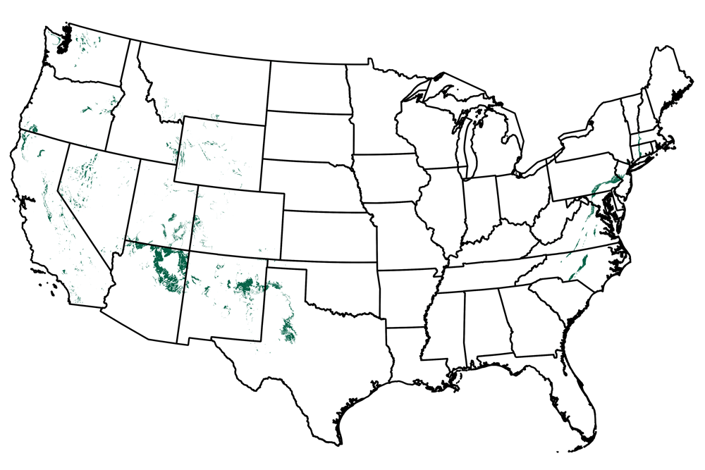 Map of the United States showing the locations of Triassic-aged rocks.