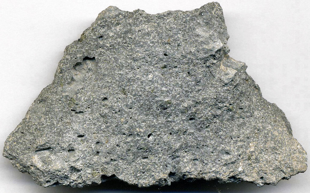 Photograph of vesicular andesite from the flank of the Sierra Grande shield volcano in New Mexico.