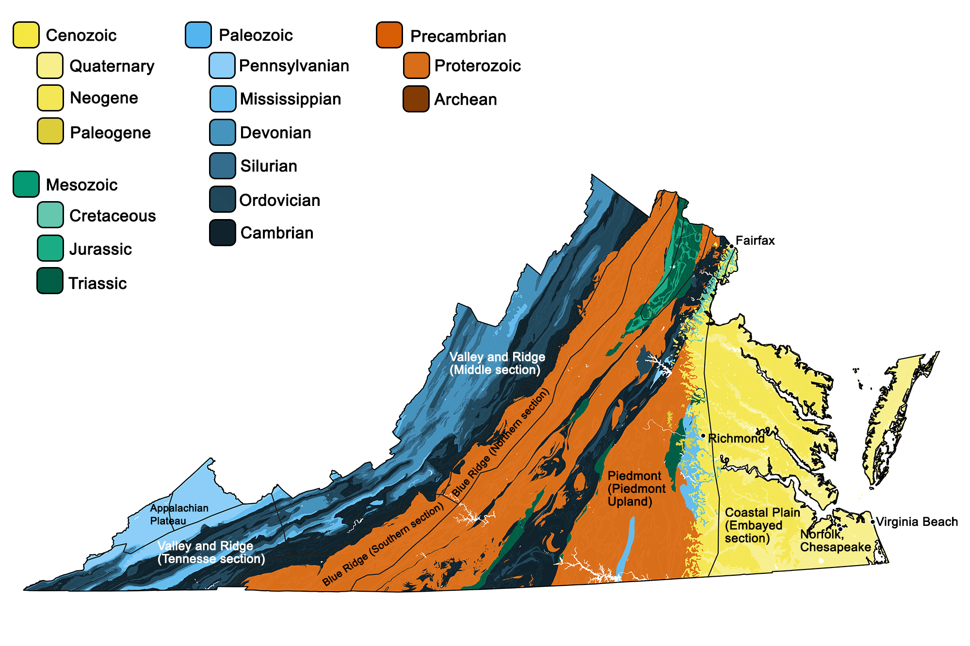 Geologic map of Virginia with physiographic regions identified.