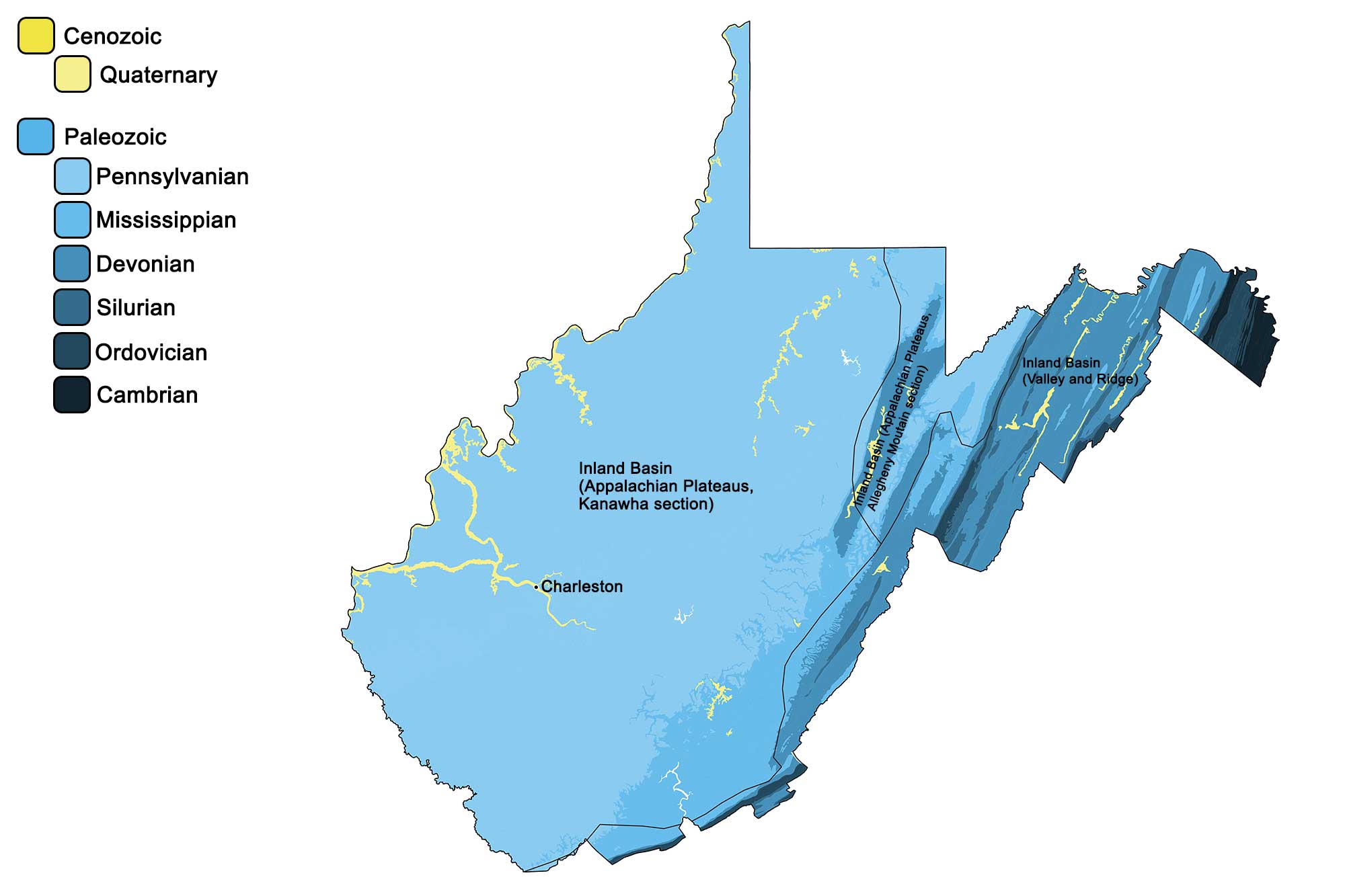 Geologic map of West Virginia, with physiographic regions identified.