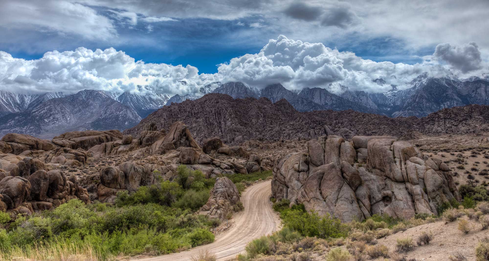 Photograph of the Alabama Hills of California in front of the Sierra Nevada range.