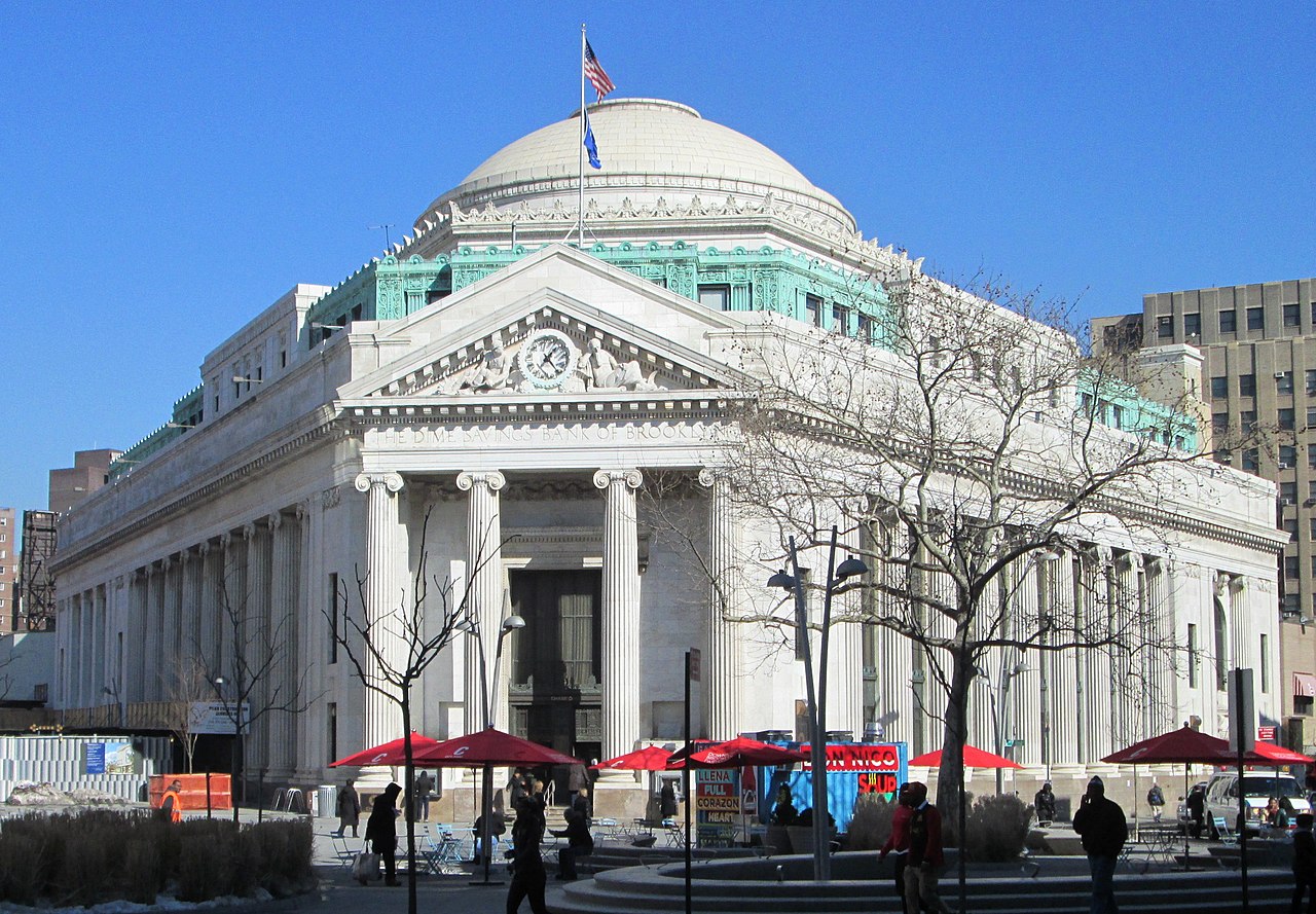 Photograph of the Dimes Savings Bank in Brooklyn, New York, which is constructed from Sylacuaga Marble.