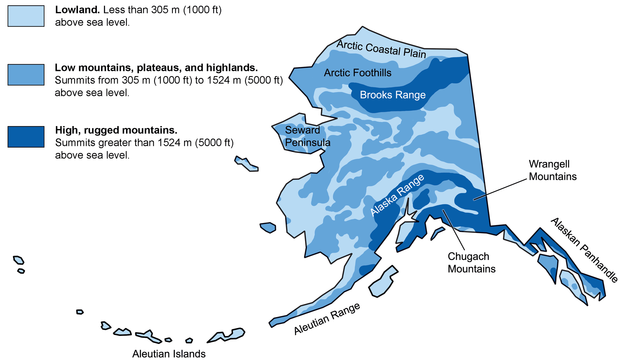 Map of Alaska that highlights the major physiographic regions of the state.