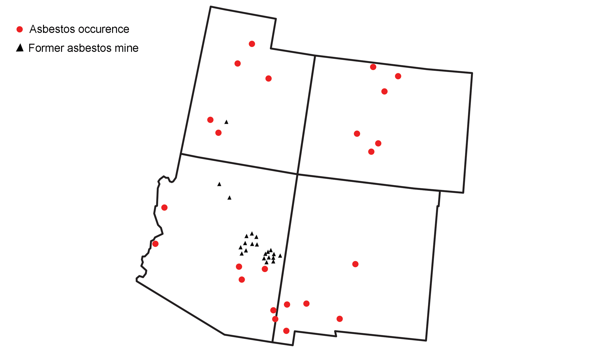 Map showing the occurrences of asbestos and former asbestos mines in the southwestern United States.