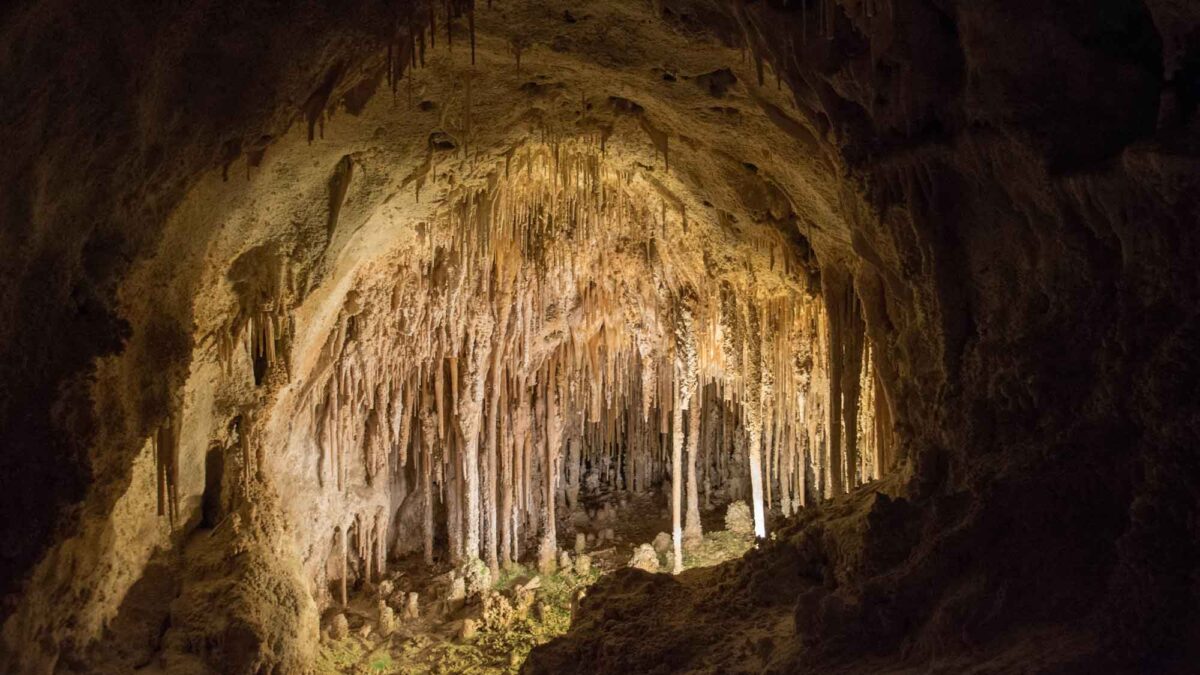 Photograph of cave formations inside Carlsbad Caverns, New Mexico.