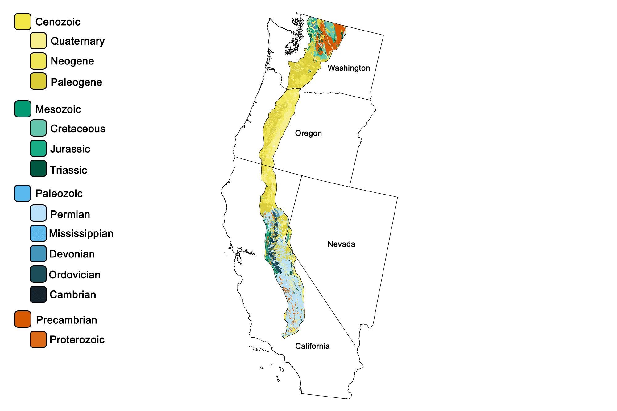 Geologic map of the Cascade and Sierra Mountains region of the western United States.