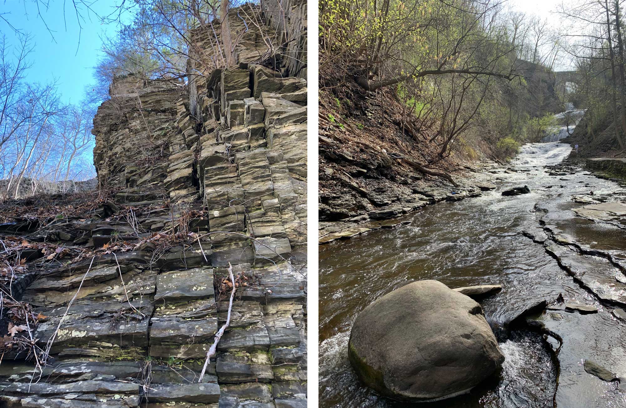 Two photographs showing cracks called joints in Cascadilla Gorge and a glacial erratic boulder in Cascadilla Creek.