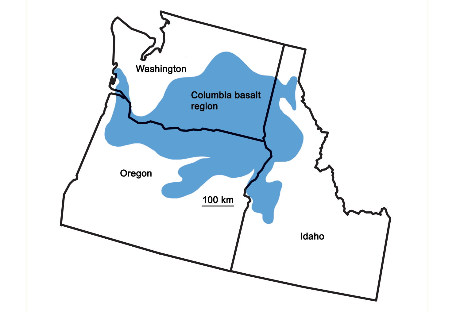 Simple map showing the extent of the Columbia Basin Flood Basalt in Oregon, Washington, and Idaho.