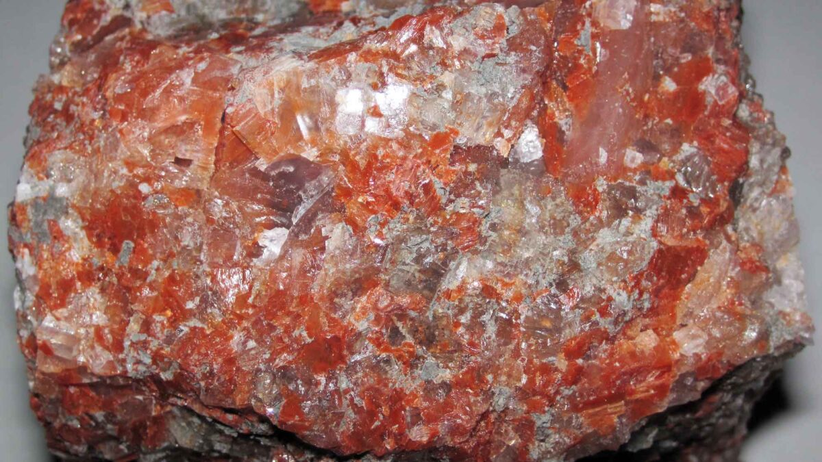 Photograph of a sample of Permian-aged, red-colored evaporite rock from the Southwest Potash Mine in Eddy County, New Mexico