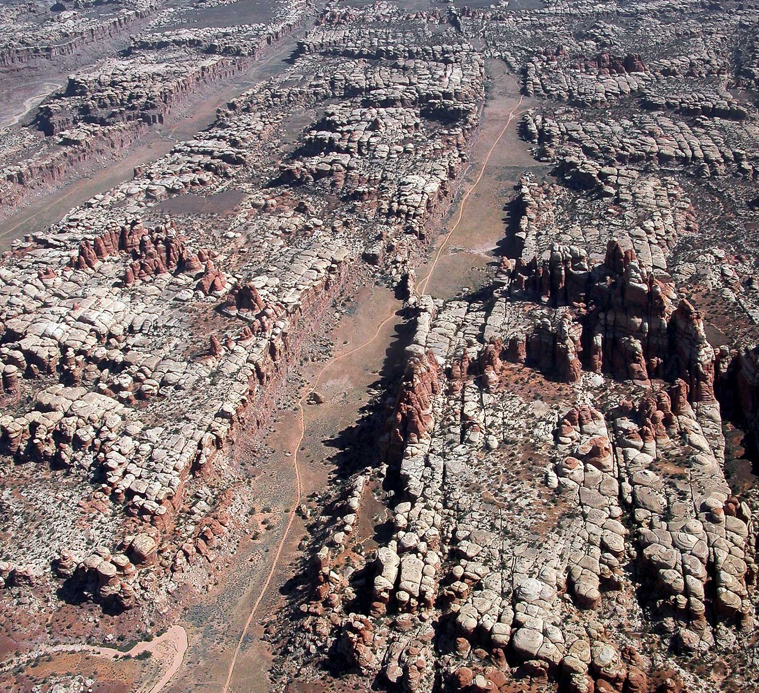 Photograph of grabens in the Canyonlands National Park, Utah. The grabens are long, narrow valleys between flat, raised areas of heavily weathered and possibly jointed red rock.