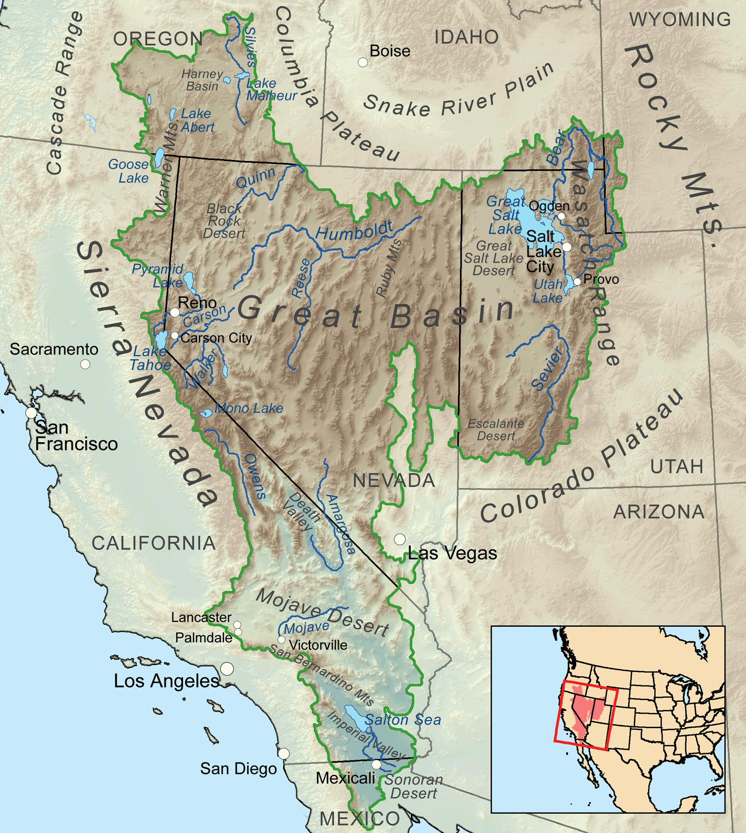 Map showing the extent of the Great Basin of the western and southwestern United States.