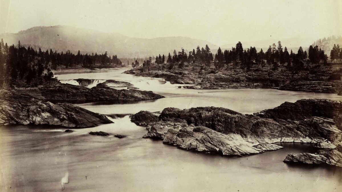 Historical photograph from 1860 of Kettle Falls in Washington State.