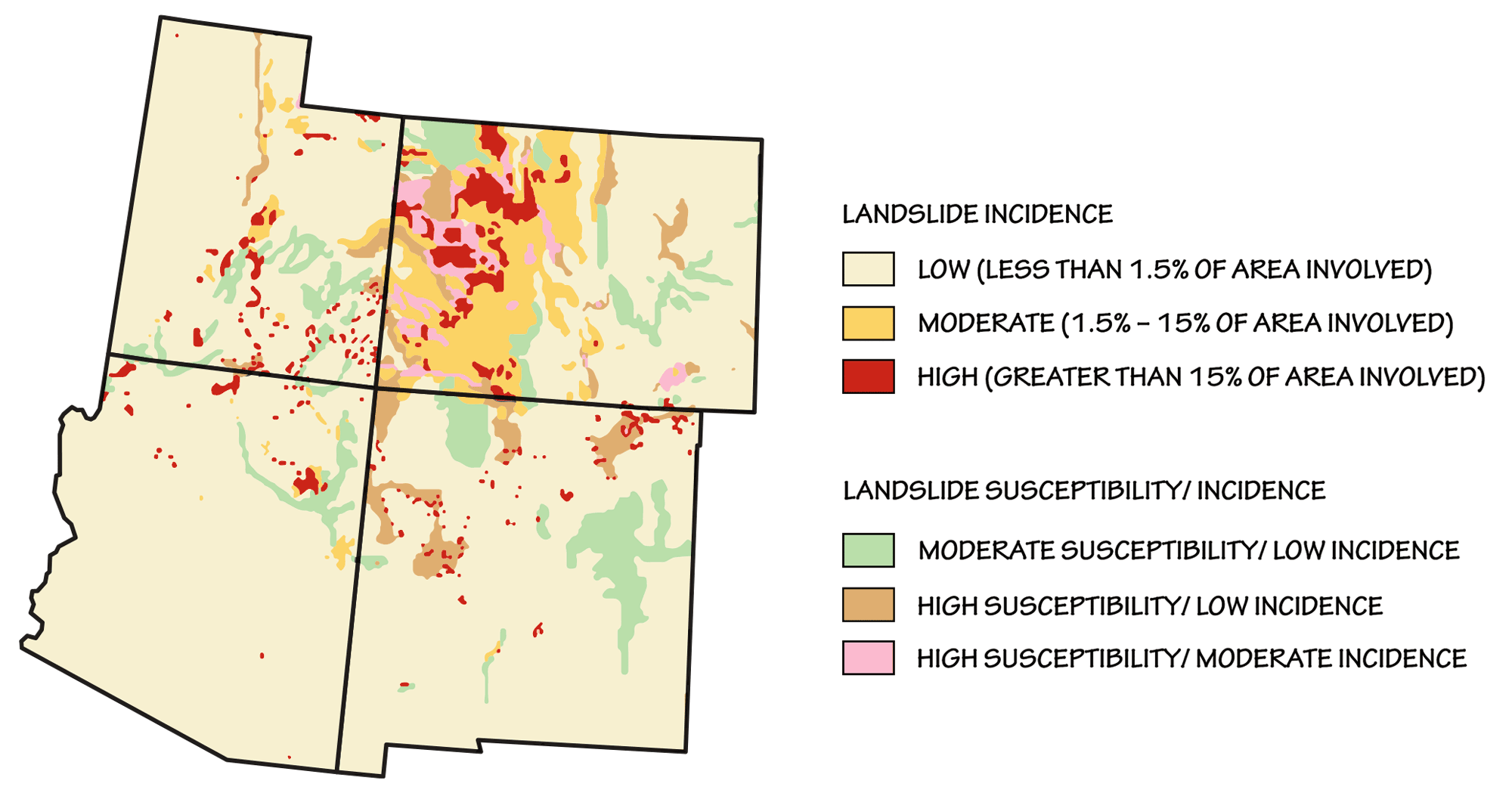 Map showing areas of landslide risk in the southwestern United States.