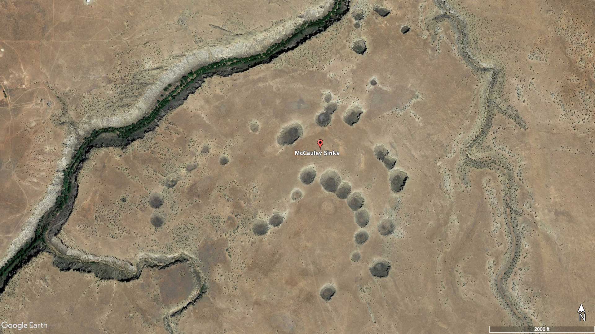 Satellite image of the McCauley Sinks (sinkholes) near Winslow, Arizona.