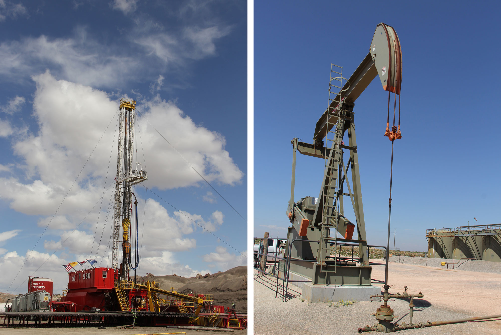 2-panel images showing photos of equipment used for oil and gas extraction near Farmington, New Mexico. Panel 1: A drill rig. A tall metal tower sits on a horizontal platform in a dry landscape with low brown hills in the background. Panel 2: A dull green pumpjack on flat ground in the left foreground with storage tanks in the background to the right.